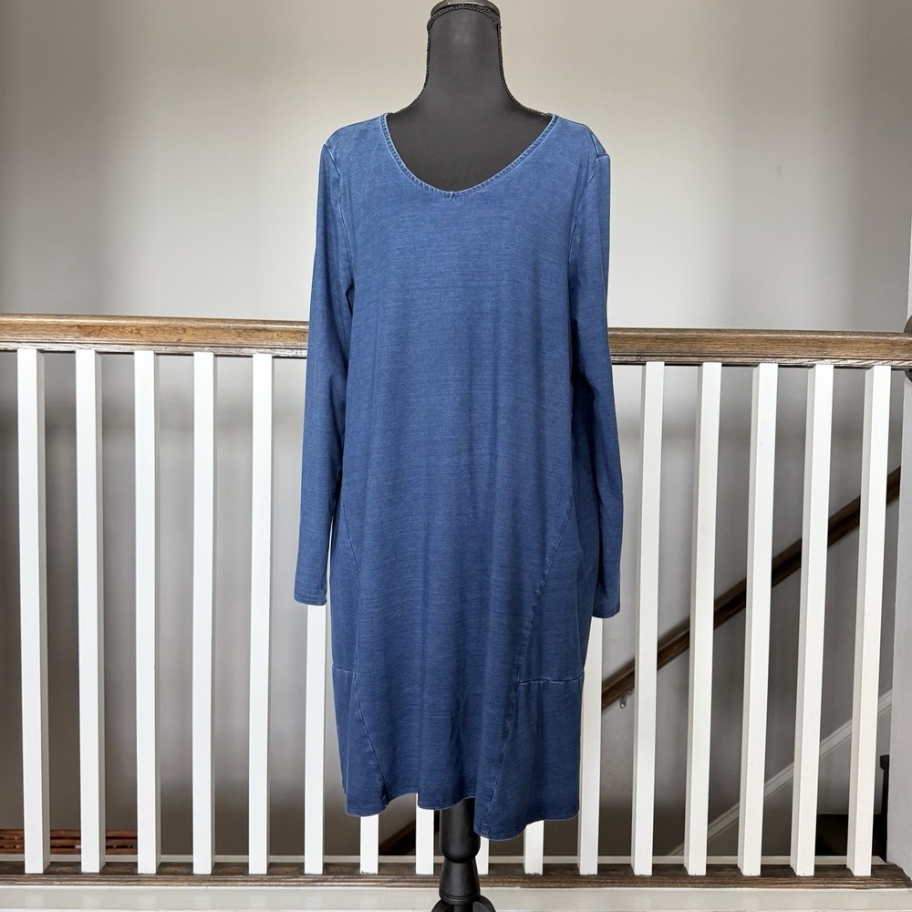J JILL Pure Jill Indigo Tunic Dress Trapeze Swing Long Sleeve V Neck Blue Sz L